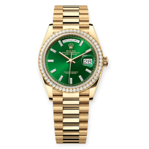 Pre-Owned Rolex DayDate 36mm Yellow Gold Bright Green Dial with Diamond-Set Bezel 128348RBR-0078