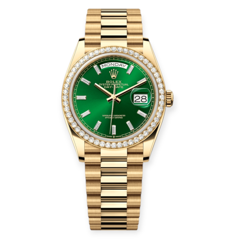 Pre-Owned Rolex DayDate 36mm Yellow Gold Bright Green Dial with Diamond-Set Bezel 128348RBR-0078
