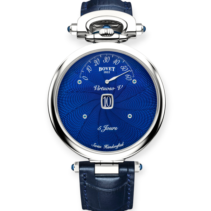 Pre-Owned Bovet Virtuoso V White Gold 43.5mm Blue Guilloche Dial Leather Strap ACHS020-08
