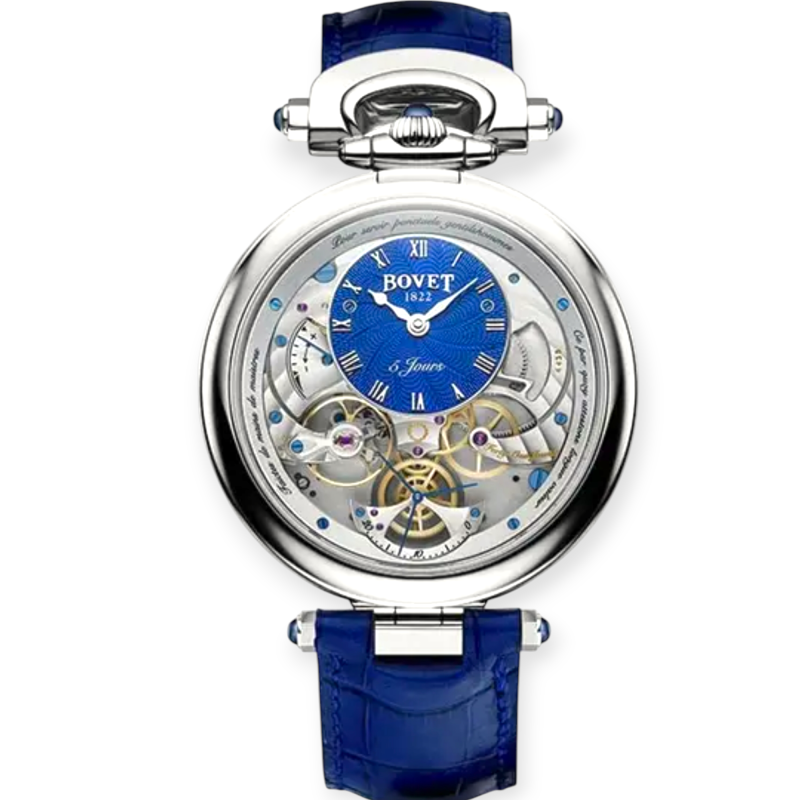 Pre-Owned Bovet Virtuoso V White Gold 43.5mm Blue Guilloche Dial Leather Strap ACHS020-08
