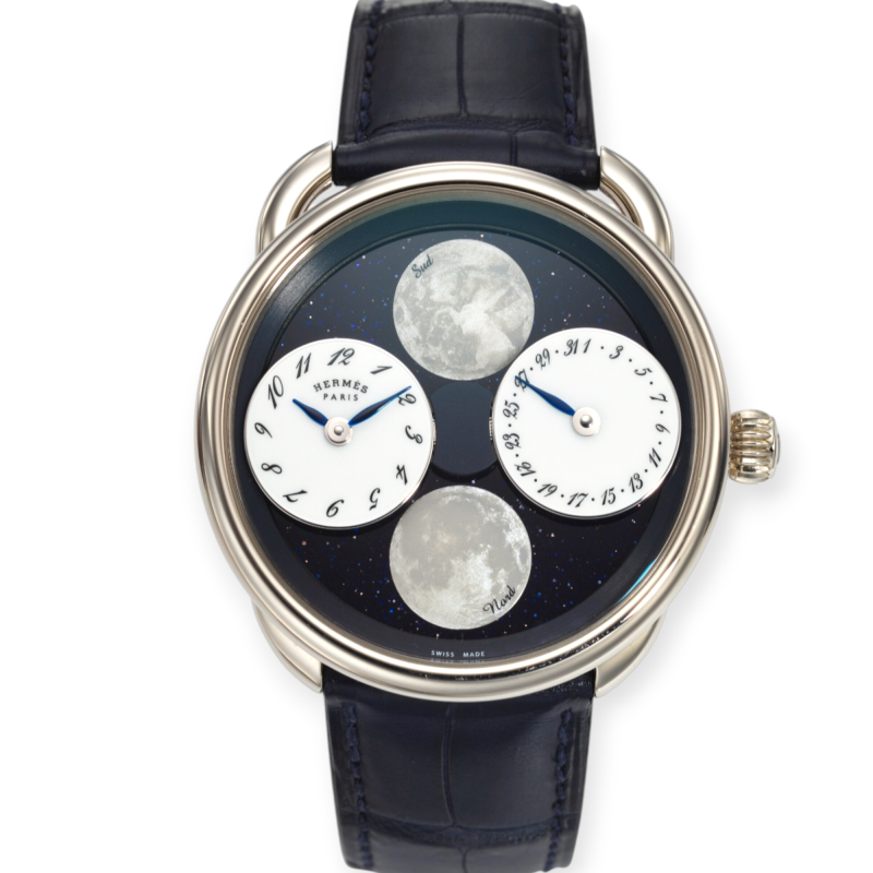 Pre-Owned Hermes Arceau L'heure de la Lune 43mm White Gold MOP Dial Double Moonphase Limited Edition AR1.890a