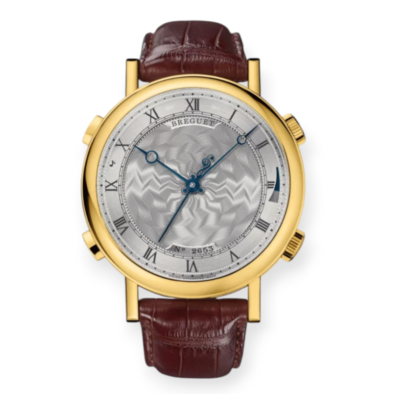 Pre-Owned Breguet Classique La Musicale Yellow Gold 48mm Silver Dial Brown Leather Strap 7800BA/11/9YV