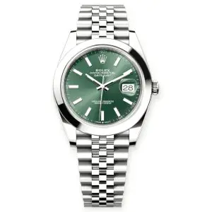 Pre-Owned Rolex DateJust 41mm Mint Green Index Dial Smooth Bezel Jubilee 126300-0020