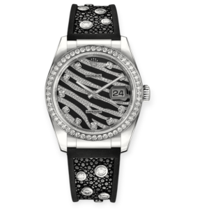 Pre-owned Rolex DateJust White Gold Zebra Pattern Diamond Set Dial Rubber Strap Diamond 116189