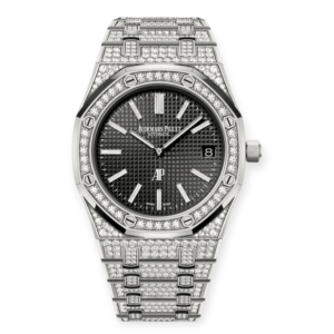 Pre-owned Audemars Piguet Royal Oak "Jumbo" Ultra Thin Black Dial Full Paved Diamond White Gold 39mm 15202BC.ZZ.1241BC.03