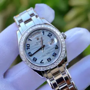 Pre-Owned Rolex Day Date Masterpiece Pearlmaster Platinum 39mm 18956BR Ice Blue Wave Dial