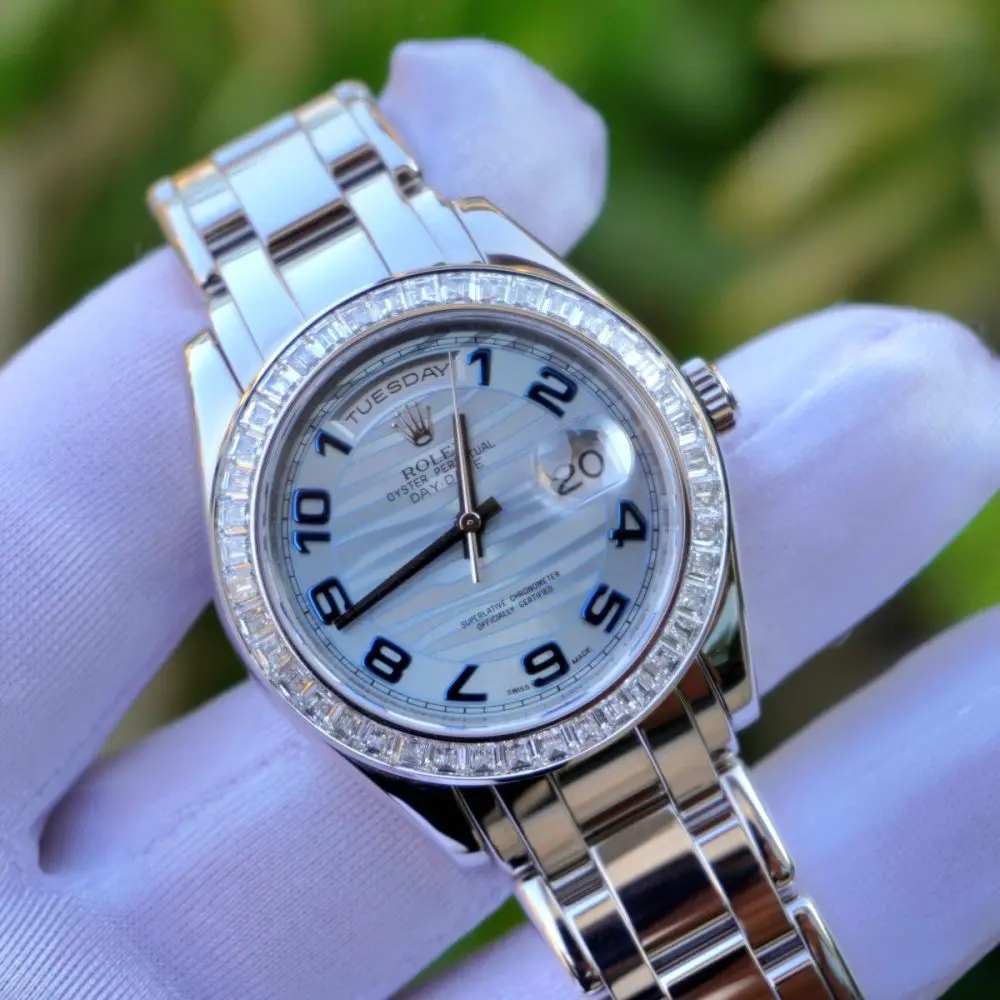 Pre-Owned Rolex Day Date Masterpiece Pearlmaster Platinum 39mm 18956BR Ice Blue Wave Dial