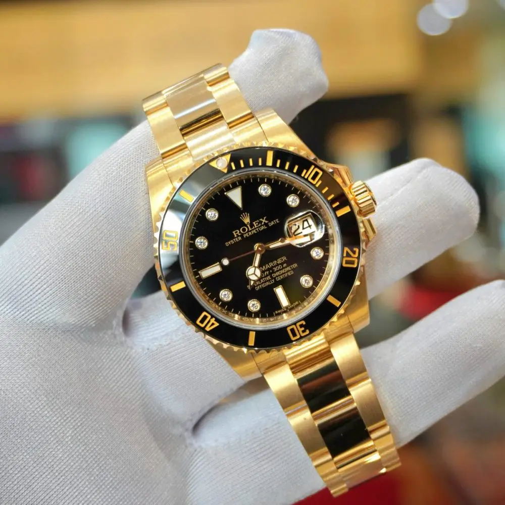 Pre-owned Rolex Submariner Full Yellow Gold Black Diamond-Set Index Dial 41mm 116618LN