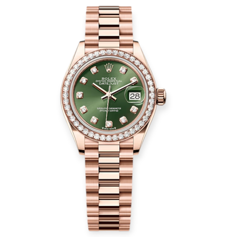 Pre-Owned Rolex DateJust 28mm Olive Green Diamond Set Dial President Bracelet 279135RBR-0014
