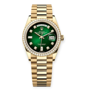 Pre-Owned Rolex DayDate 36mm Yellow Gold Green Ombre Diamond Dial with Diamond-Set Bezel 128348RBR-0035