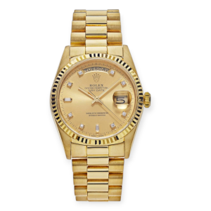 Pre-Owned Rolex Daydate Yellow Gold Champagne Baguette 36mm Diamond Dial President 18238