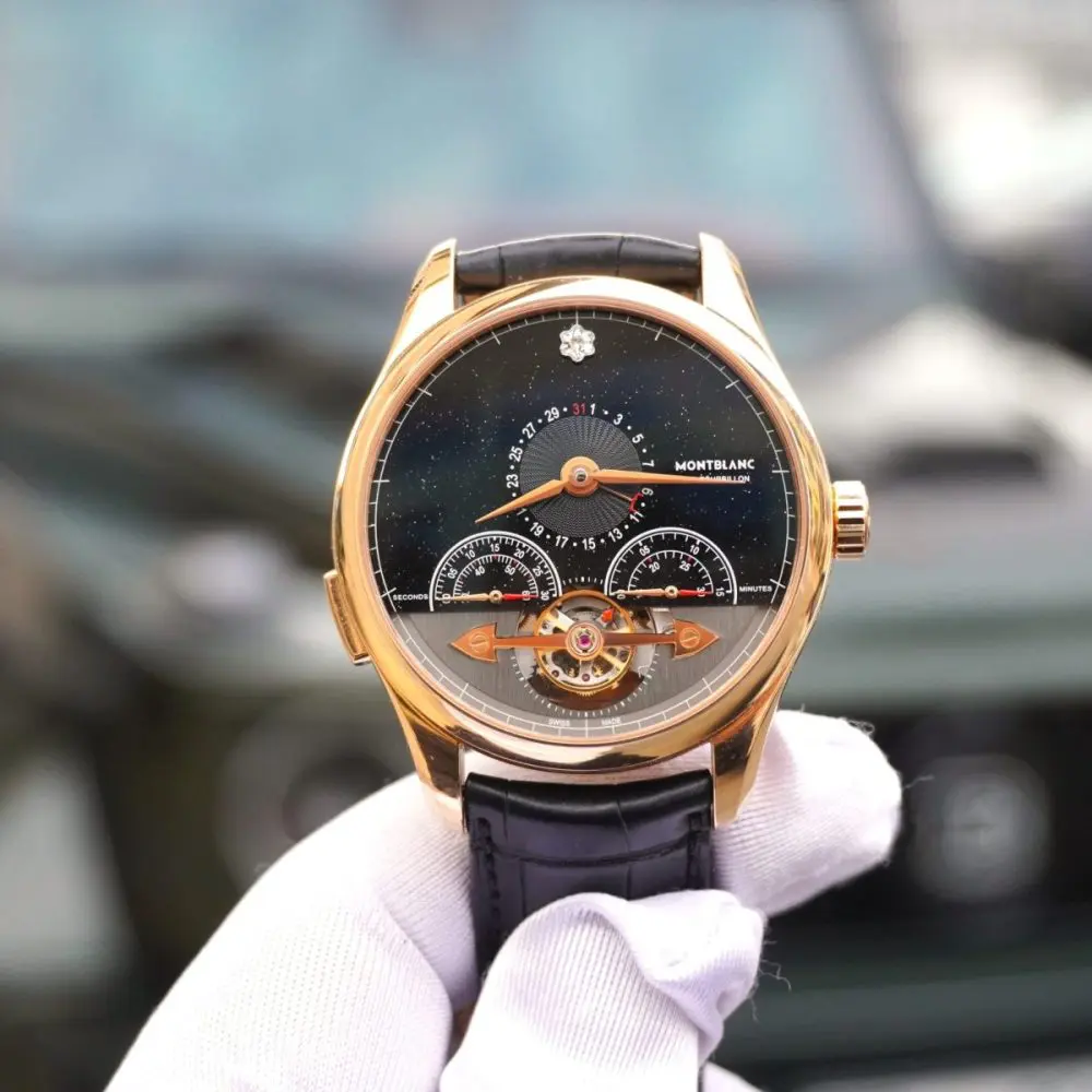 Pre-Owned MontBlanc Heritage Chronometrie ExoTourbillon Minute Chronograph Vasco Da Gama Rose Gold Black Aventurine Dial 115128