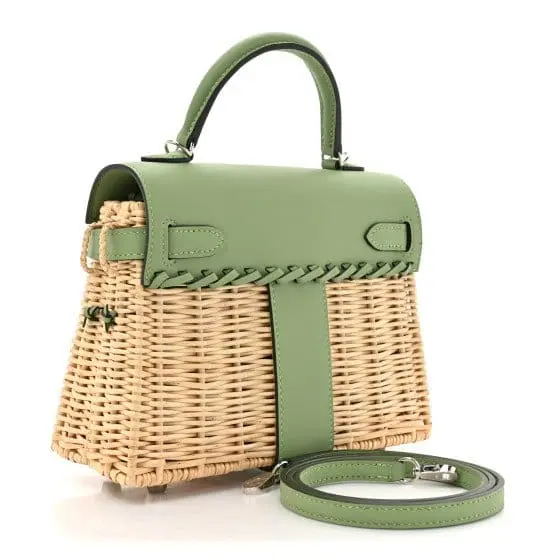 Pre-Owned Hermes Mini Kelly Wicker Swift Picnic Natural Vert Criquet PHW - Image 2