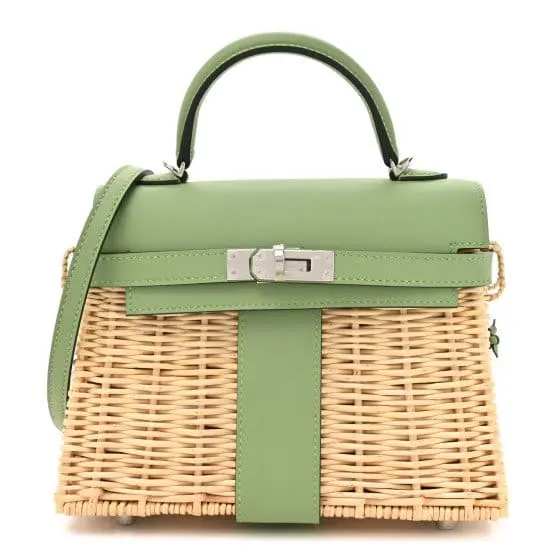 Pre-Owned Hermes Mini Kelly Wicker Swift Picnic Natural Vert Criquet PHW