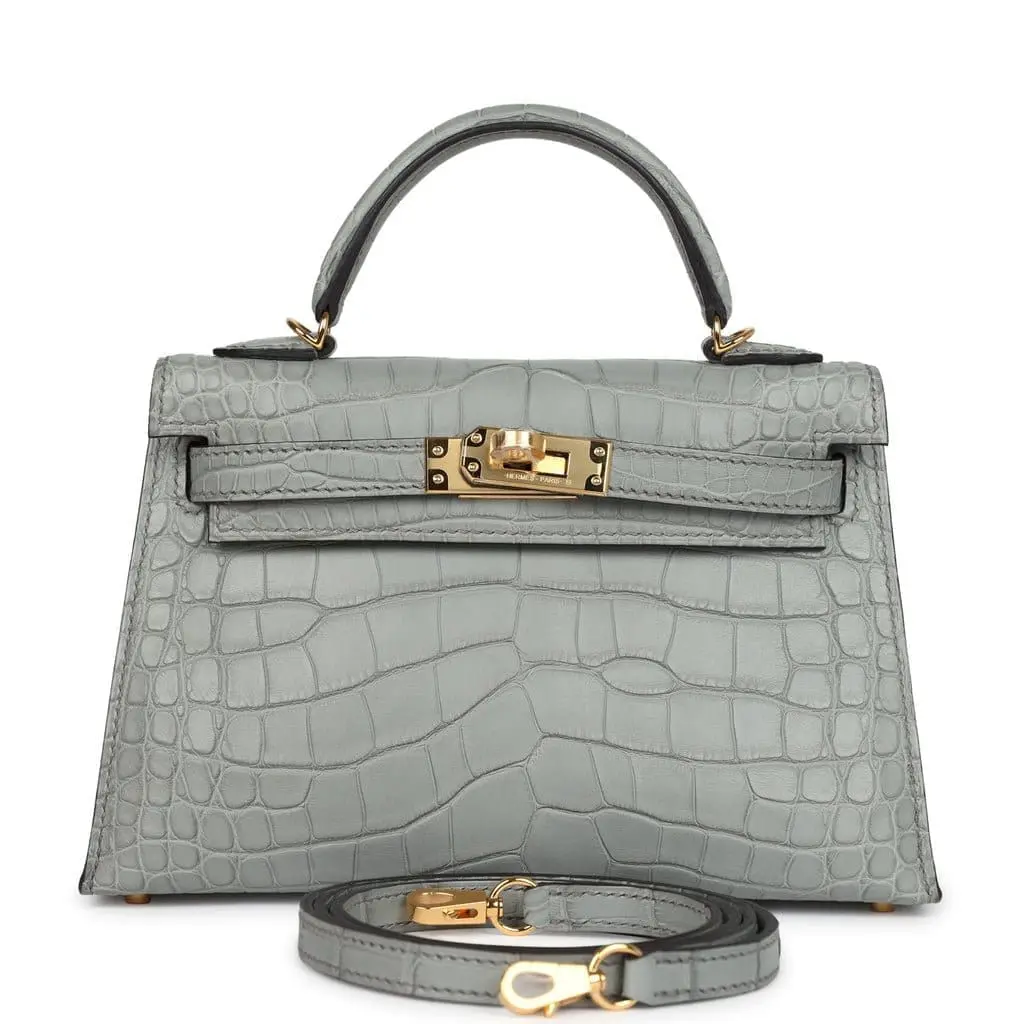 Pre-Owned Hermes mini Kelly 20 Sellier Gris Ciment Matte Alligator GHW