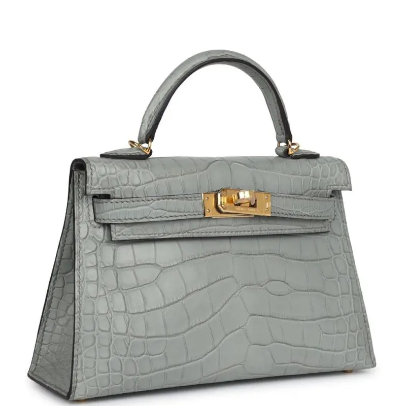 Pre-Owned Hermes mini Kelly 20 Sellier Gris Ciment Matte Alligator GHW