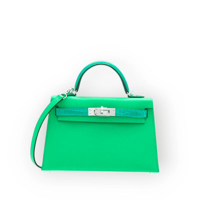 Pre-Owned HERMS MINI KELLY 20 VERT COMICS MADAME LEATHER & SHINY VERT JADE ALLIGATOR TOUCH WITH PALLADIUM HARDWARE