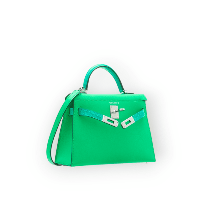 Pre-Owned HERMS MINI KELLY 20 VERT COMICS MADAME LEATHER & SHINY VERT JADE ALLIGATOR TOUCH WITH PALLADIUM HARDWARE