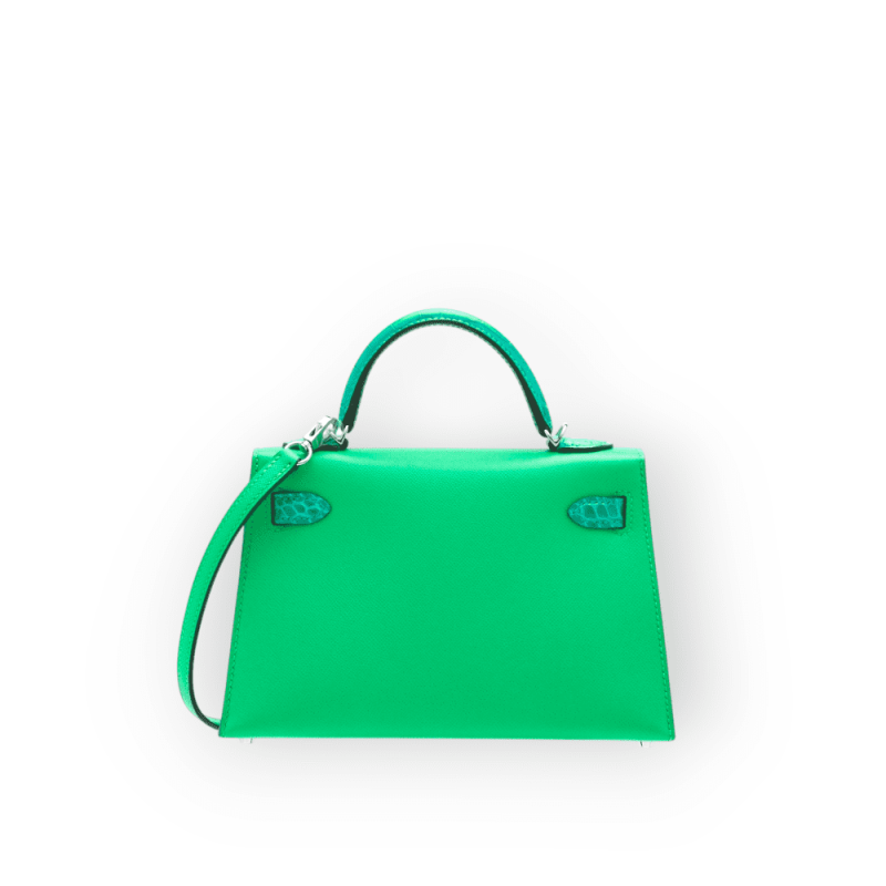 Pre-Owned HERMS MINI KELLY 20 VERT COMICS MADAME LEATHER & SHINY VERT JADE ALLIGATOR TOUCH WITH PALLADIUM HARDWARE