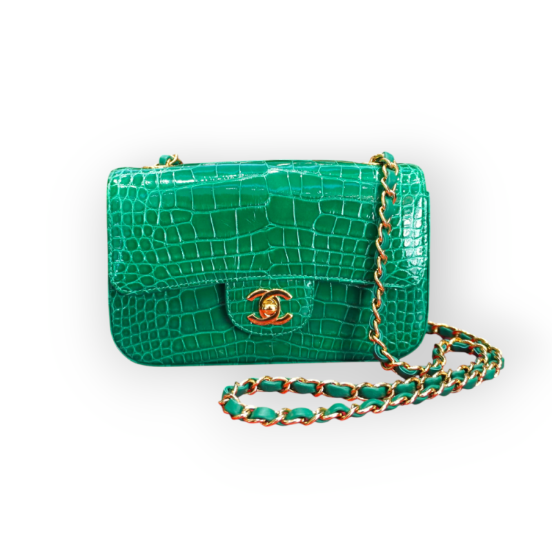 Pre-Owned Chanel Green Aligator Small Classic Double Flap Bag