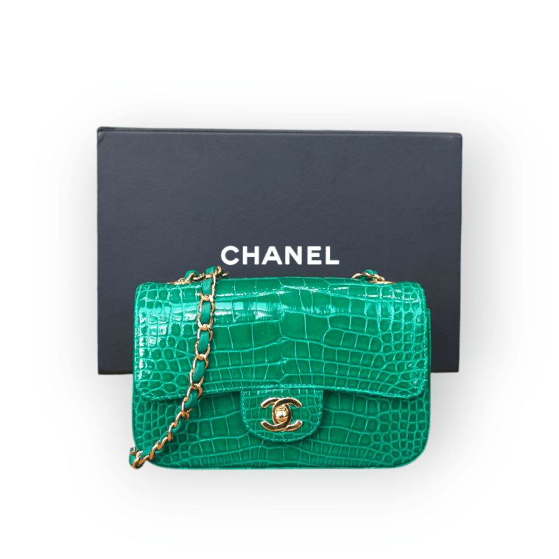 Pre-Owned Chanel Green Aligator Small Classic Double Flap Bag