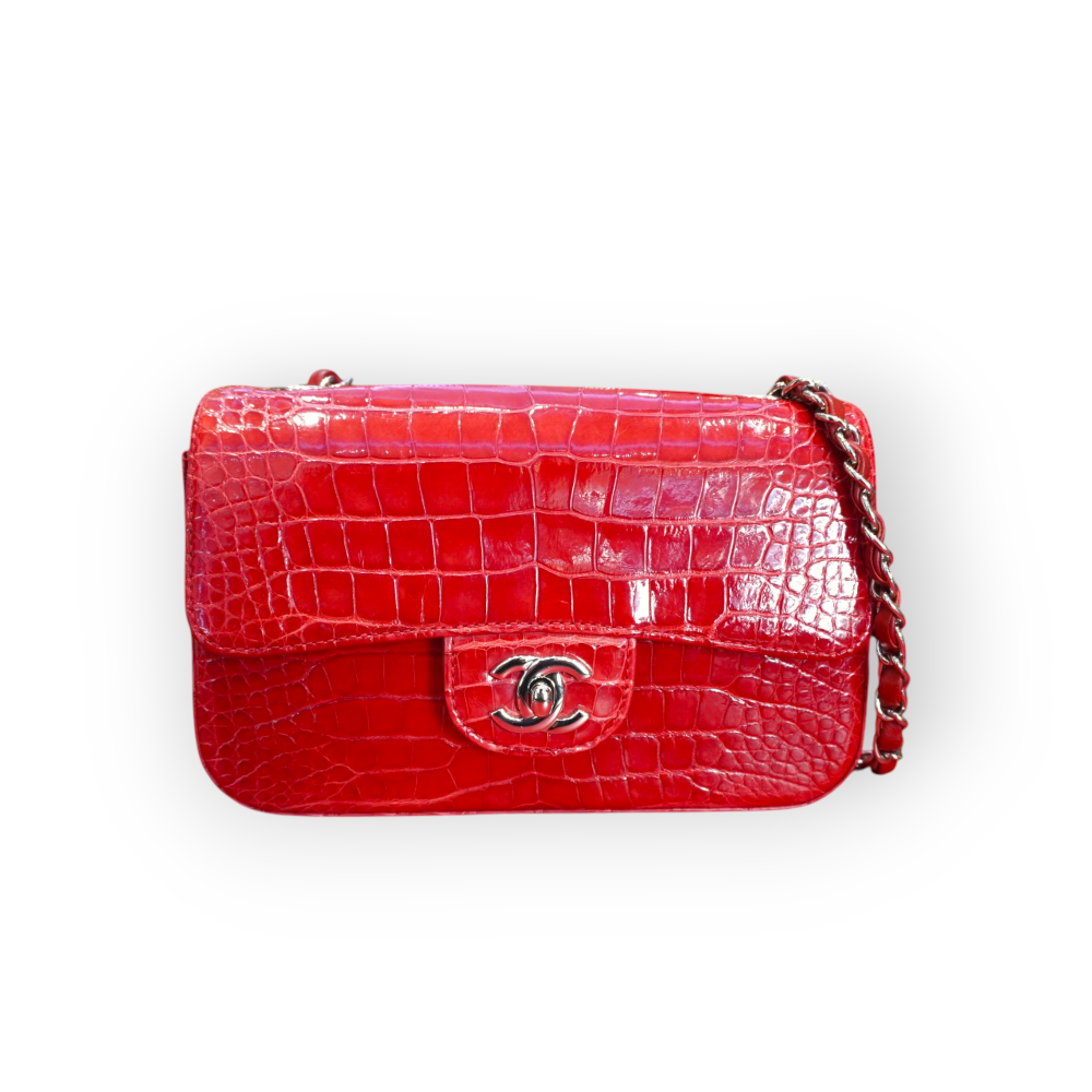 Pre- Owned Chanel Red Alligator Small Classique Double Flap Bag