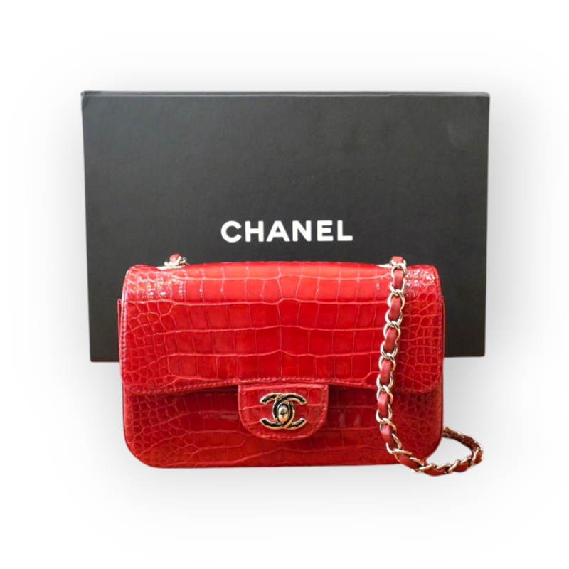Pre- Owned Chanel Red Alligator Small Classique Double Flap Bag