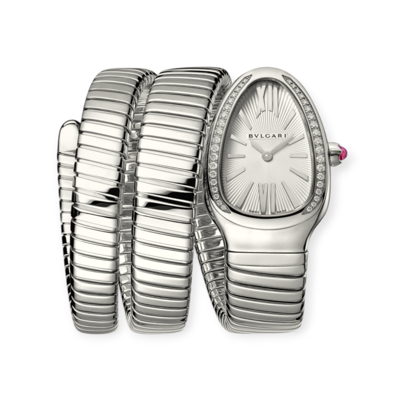 Pre-Owned Bvlgari Serpenti Tubogas Stainless Steel White Roman Dial Diamond Bezel Two Loop 101910