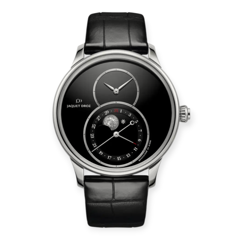 Pre-Owned Jaquet Droz Grande Seconde Moon Steel 43mm Onyx Dial Black Strap  J007530270