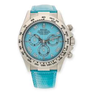 Pre-Owned Rolex Cosmograph Daytona "Beach" Turquoise Dial White Gold Blue Lizard Strap 116519