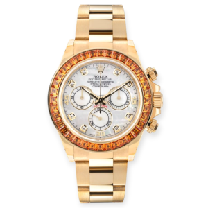 Pre-owned Rolex Cosmograph Daytona Yellow Gold 40mm MOP Dial Orange Sapphire Bezel 116578SACO