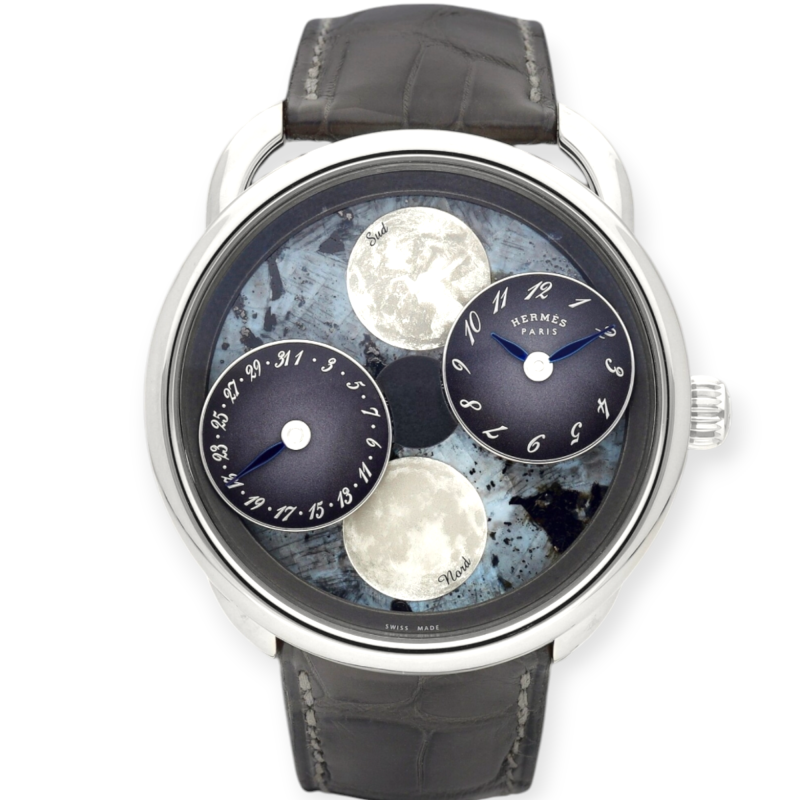 Pre-Owned Hermes Arceau L'heure de la Lune 43mm White Gold Blue MOP Dial Dual Moonphase Limited Edition AR1.890F
