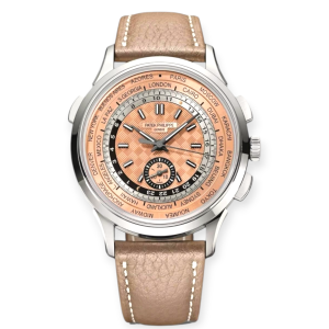 Pre-Owned Patek Philippe Complications World Time Flyback Chronograph Rose-Gilt Opaline Dial Stainless Steel 5935A