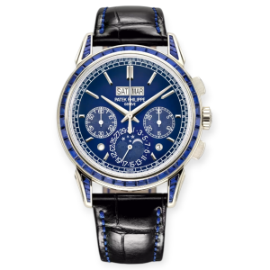 Pre-Owned Patek Philippe Grand Complications Manual Winding 41mm Perpetual Calendar Chronograph Blue Dial Baguette Cut Sapphire Platinum 5271/11P