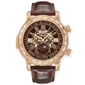 Pre-Owned Patek Philippe Grand Complications Sky Moon Tourbillion Rose Gold 44mm Brown leather Strap 6002R