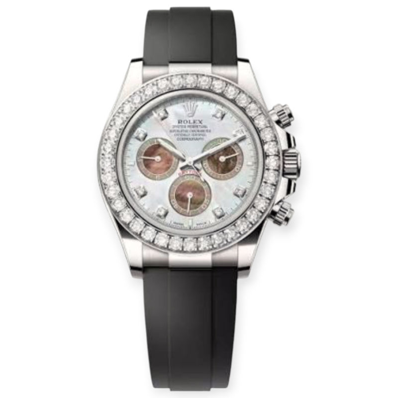 Pre-Owned Rolex Cosmograph Daytona white & Black MOP White Gold Diamond Set Bezel oysterflex 126589RBR