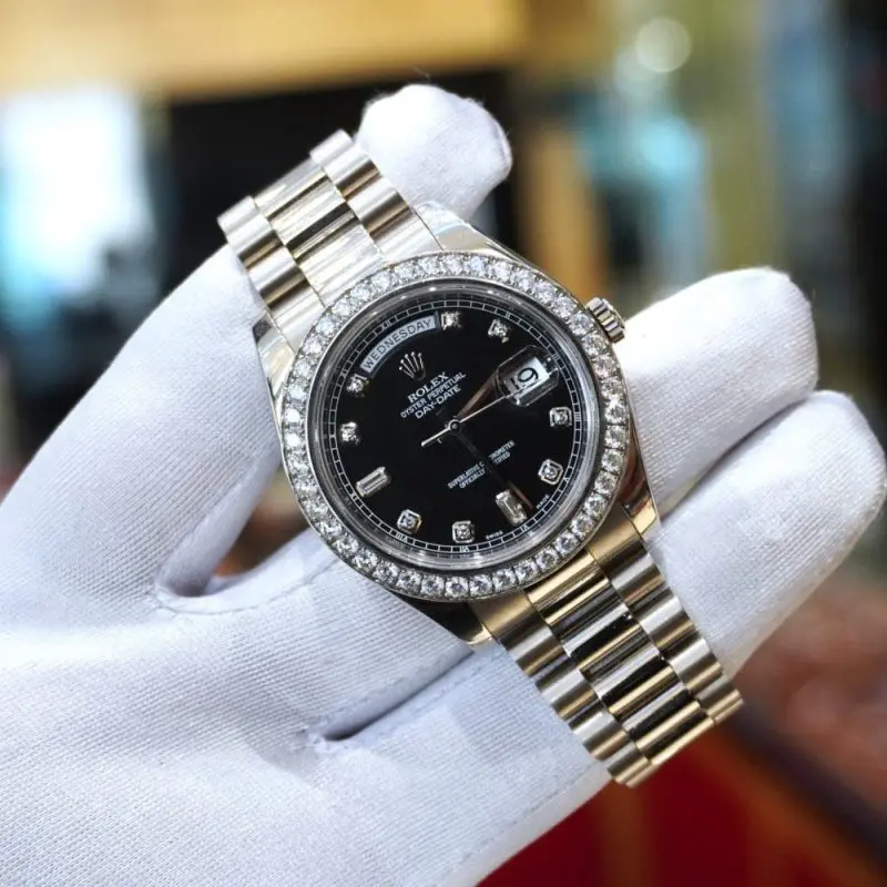 Pre-Owned Rolex Day-Date II Black Diamond Set Dial & Bezel White Gold 41mm 218349