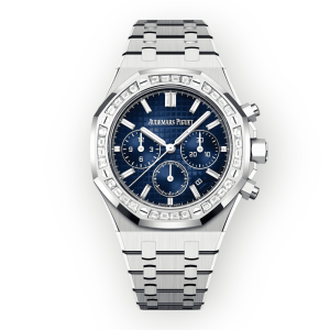 Pre-Owned Audemars Piguet Royal Oak Self-winding Chronograph 38mm White Gold Smoked Blue Dial Baguette Bezel 26715BC.ZZ.1356BC.01
