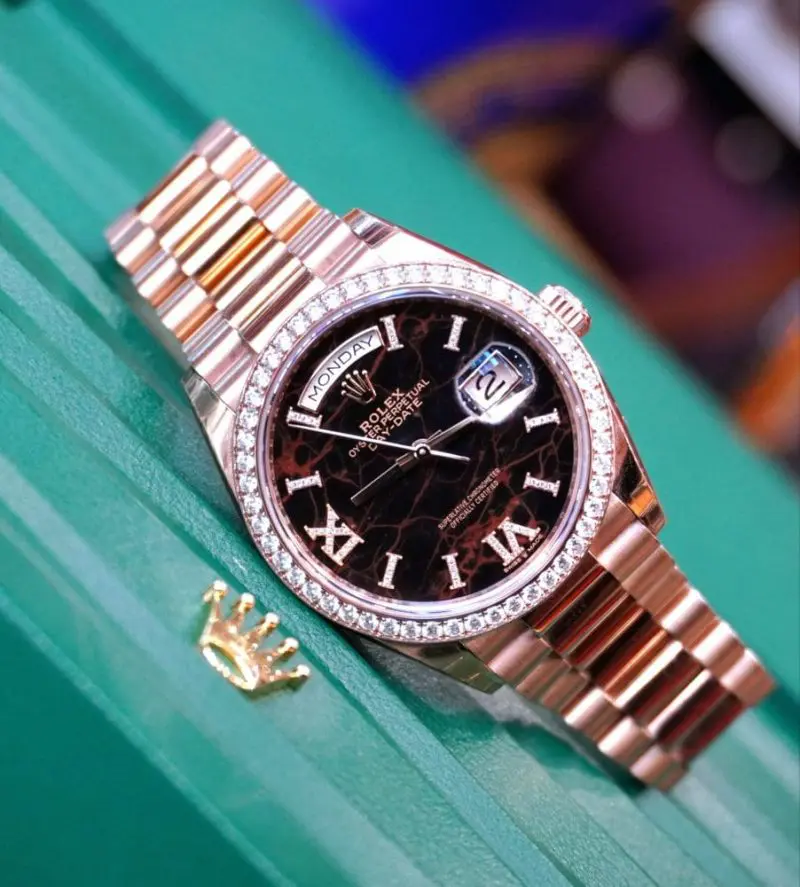 Pre-Owned Rolex DayDate 36mm Eisenkiesel Dial Diamond-Set BezelRose Gold President 128345RBR-0044
