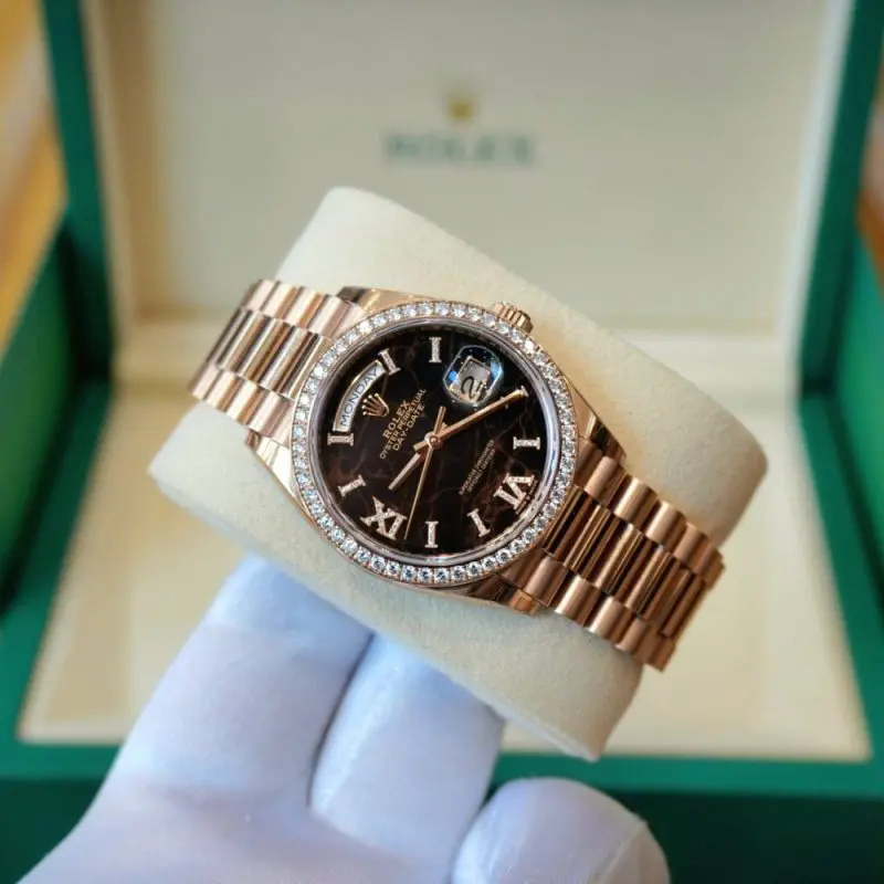 Pre-Owned Rolex DayDate 36mm Eisenkiesel Dial Diamond-Set BezelRose Gold President 128345RBR-0044