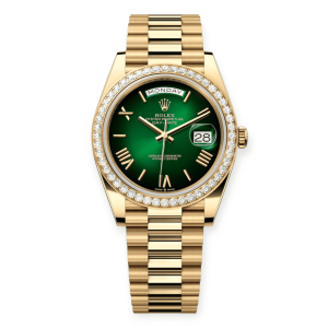 Pre-owned Rolex DayDate Yellow Gold 40mm Green Ombre Dial Diamond Bezel President 228238-0045