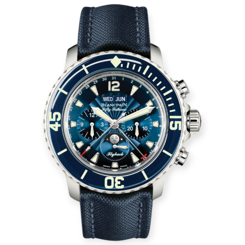 Pre-Owned Blancpain Fifty Fathoms Chronographe Flyback Quantième Complet Blue Dial Stainless Steel 45mm Canvas Strap 5066F-1140-52B
