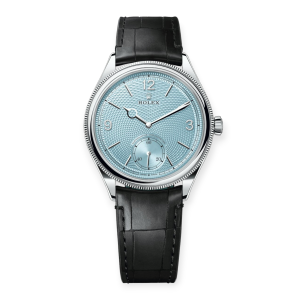 Pre-Owned Rolex 1908 Platinum 39mm Ice Blue Dial Black Leather Strap 52506-0003