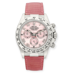 Pre-Owned Rolex Cosmograph Daytona "Beach" Pink Dial White Gold Lizard Strap 116519