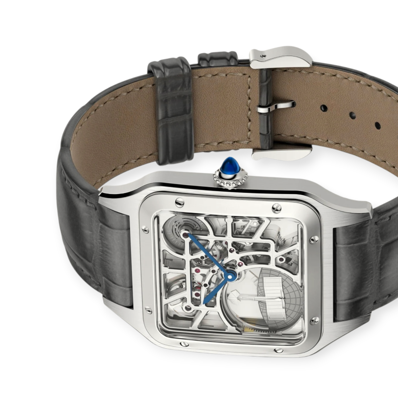 Pre-Owned Cartier Santos-Dumont Skeleton Micro-Rotor Stainless Steel Leather Strap WHSA0032