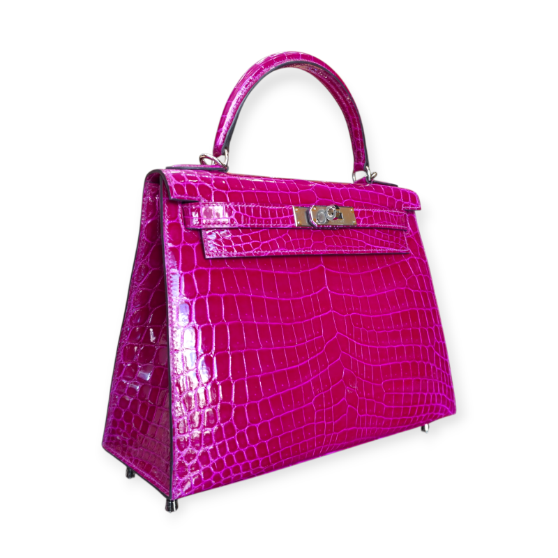 Pre-Owned Hermes Kelly 28 Crocodile Niloticus Lisse Rose Purple PHW