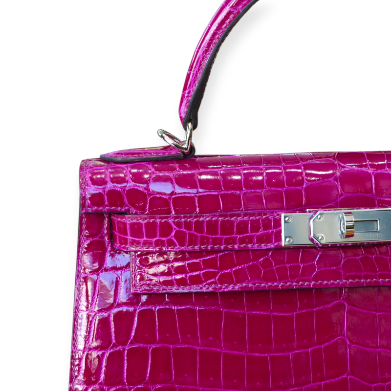 Pre-Owned Hermes Kelly 28 Crocodile Niloticus Lisse Rose Purple PHW