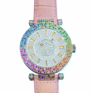 Pre-Owned Franck Muller Double Mystery Four Seasons 42mm White Gold White Gold with Full Gem- Set Pink Leather Strap DM 42 QTR SAI D 2R CD