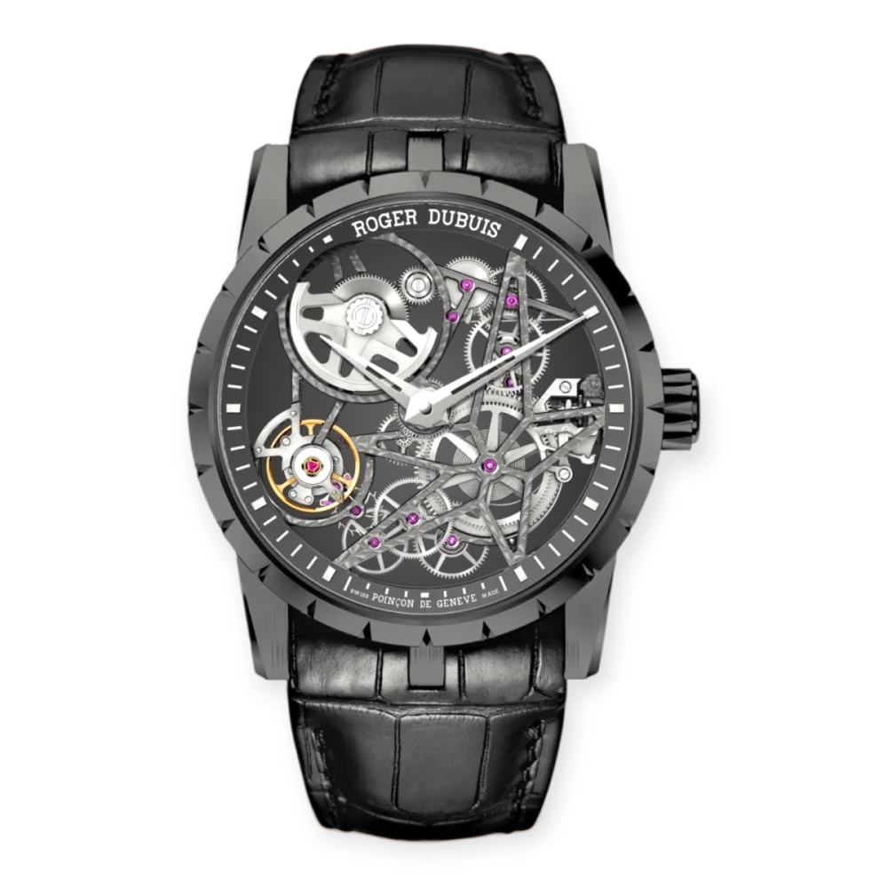 Pre-Owned Roger Dubuis Excalibur Black DLC Titanium 42mm Automatic Mens Watch Leather Strap RDBEX0473