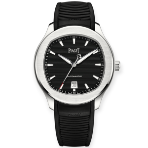 Pre-Owned Piaget Polo Date Watch 42mm Stainless Steel Black Dial Black Rubber Strap G0A47014